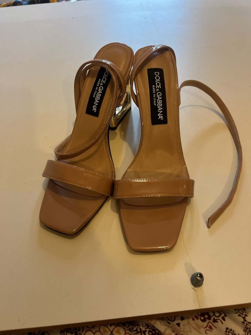 Dolce & Gabbana Patent Leather Sandals Beige DG Heel Size 7
